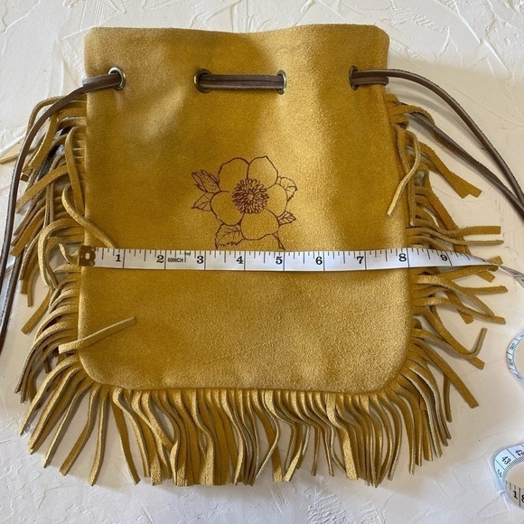 LEATHER Fringed Drawstring Bag with Wild Rose - Picture 12 of 14